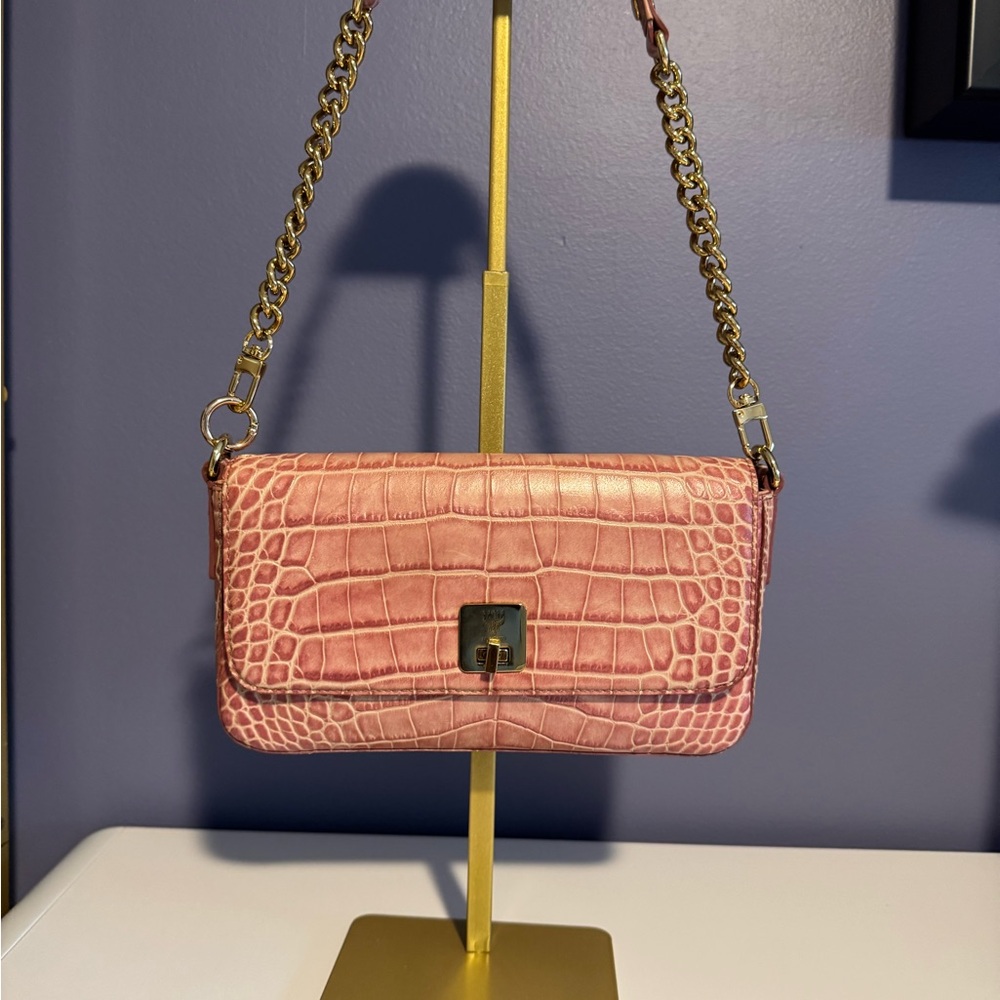 MCM Pink Crocodile Embossed Chain Strap Bag
